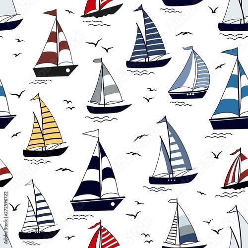 Marine seamless pattern with cartoon boats and silhouettes of birds