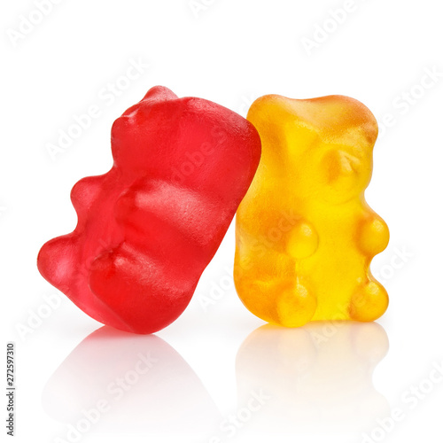 Two colorful jelly gummy bears, isolated on white background