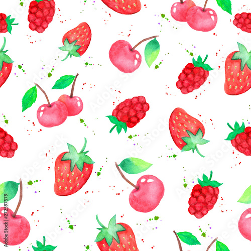 Fototapeta Naklejka Na Ścianę i Meble -  Seamless pattern with strawberry, raspberries and cherries. Fabric design.  Hand drawn illustration
