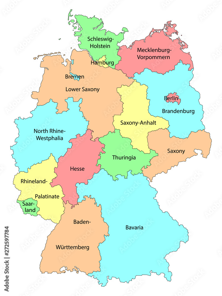 Vector colorful detailed map of Germany with names of the federal states isolated on white background