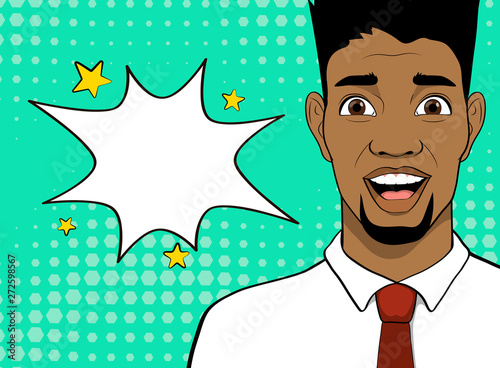 Template advertising poster in the style of pop art. African happy man. Vector illustration