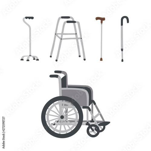 Wheelchair, cane, crutch, walkers, walking stick. Set of special Medical Rehabilitation Auxiliary Equipment for elderly people on white background. Flat Vector illustration.