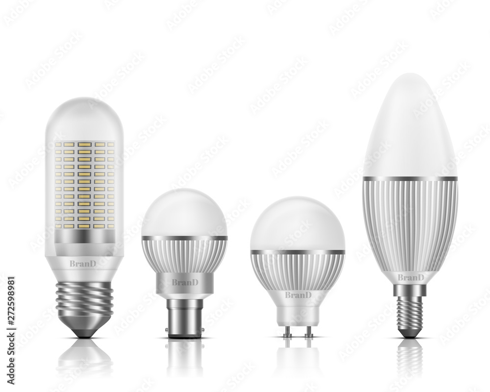 Modern, different shape and base types LED bulbs with heat sinks 3d  realistic vector set isolated on white background. Powerful, high  efficient, longer lifespan lamps, light equipment illustration Stock Vector  | Adobe