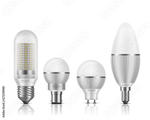 Modern, different shape and base types LED bulbs with heat sinks 3d realistic vector set isolated on white background. Powerful, high efficient, longer lifespan lamps, light equipment illustration