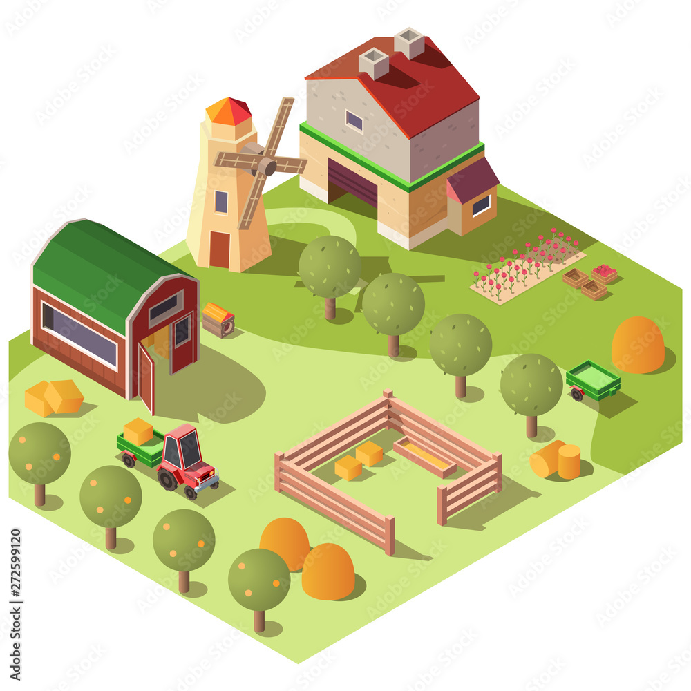 Fruit and livestock farm farmyard with house, outbuildings, windmill, orchard and tractor transporting straw bales on trailer isometric vector isolated on white background. Countryside life idyll
