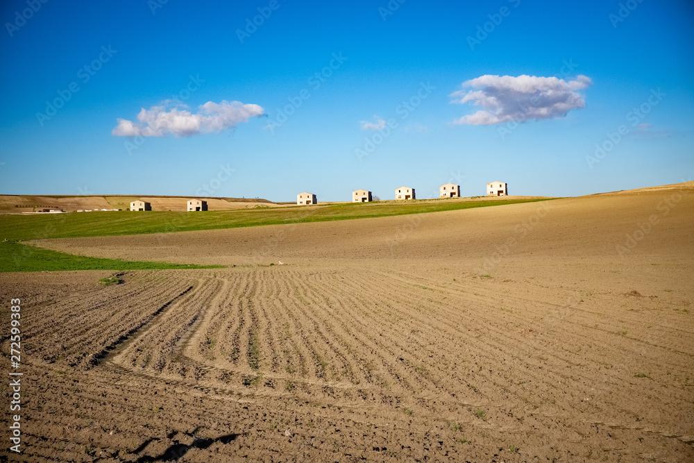 Agricultural landscape of Murgia plateau with abandoned farmhouses in the background. Apulia region, Italy
