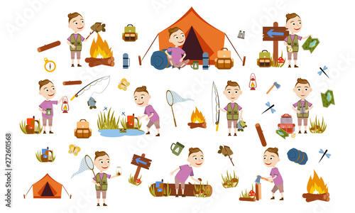 Set a boy with a trendy hair style tourist on nature. Camping. Fishing,, overnight in a tent, picking mushrooms, fun and relaxation. Children's camp. Scouts. Cute Vector Illustration