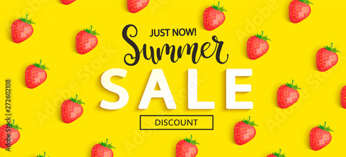 Summer Sale strawberry banner on yellow background, hot end or mid season 50 percent discount poster.Invitation for shopping, special offer card, template design for promotions. Vector illustration.