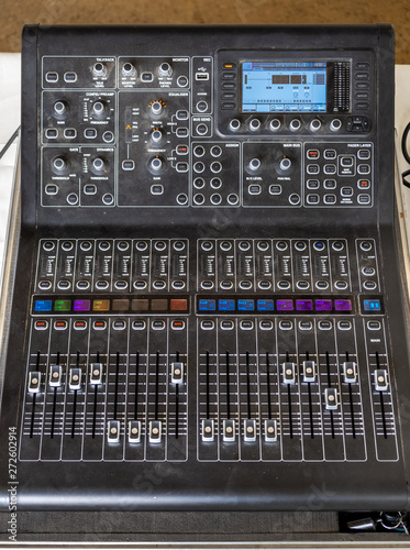 Professional audio mixer console. Close-up shot photo