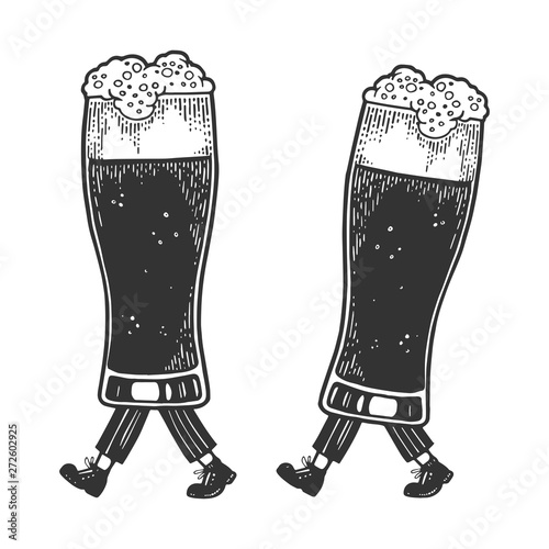 Beer glass cups walks on its feet sketch engraving vector illustration. Scratch board style imitation. Black and white hand drawn image.