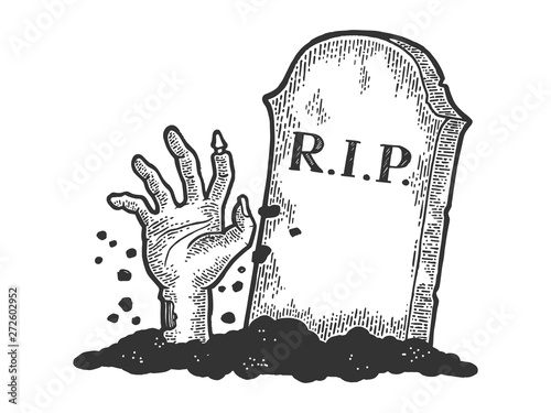 Zombie Dead man hand crawls out of grave sketch engraving vector illustration. Scratch board style imitation. Black and white hand drawn image.