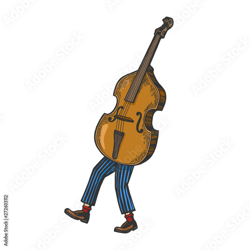 Double bass violin alto cello string instrument walks on its feet color sketch engraving vector illustration. Scratch board style imitation. Black and white hand drawn image.