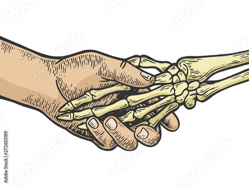 Death skeleton handshake color sketch engraving vector illustration. Scratch board style imitation. Black and white hand drawn image.