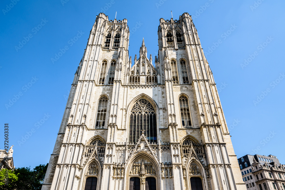 The western facade of the Cathedral of St. Michael and St. Gudula in Brussels, Belgium, with its three portals surmounted by gables and two towers, is typical of the French Gothic style. The western facade of the Cathedral of St. Michael and St. Gudula in Brussels, Belgium, with its three portals surmounted by gables and two towers, is typical of the French Gothic style.