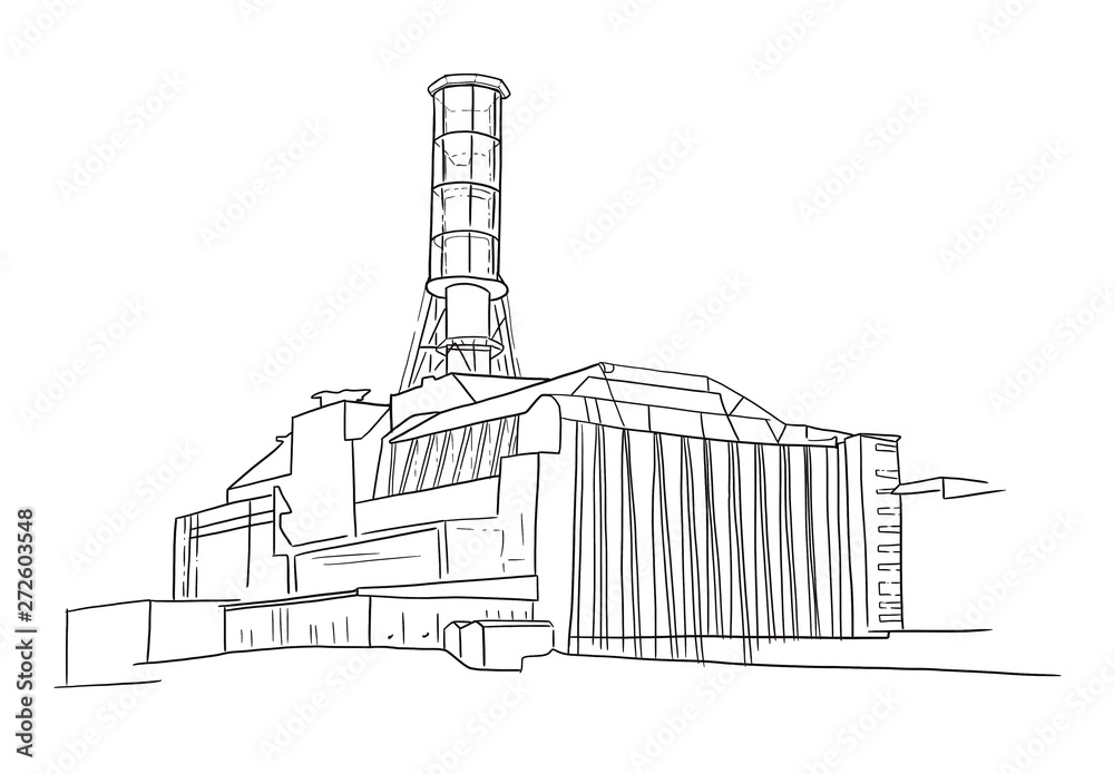 Digital hand drawn sketch illustration of Chernobyl nuclear power plant