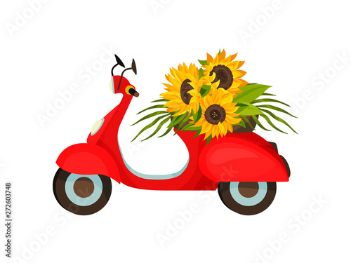 Red moped with sunflowers. Vector illustration on white background.