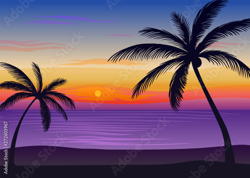 Black palm trees on the background of the sea. Vector illustration on white background. © Happypictures