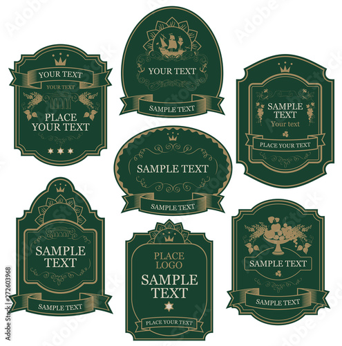 Set of vintage vector labels in green and gold colors, decorated by crowns, ribbons, curls, fruits, in figured frames