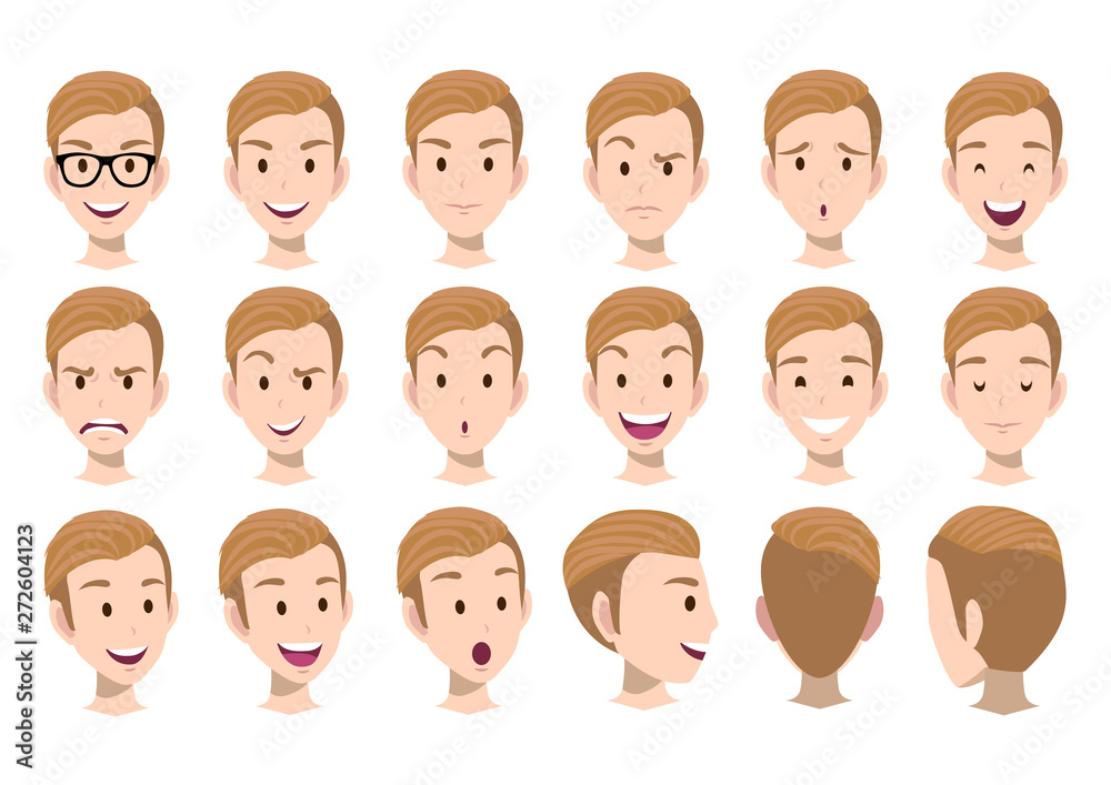 Cartoon character with man head vector set. Front, side, back view .Flat vector Cartoon character with man head vector set. Front, side, back view .Flat vector