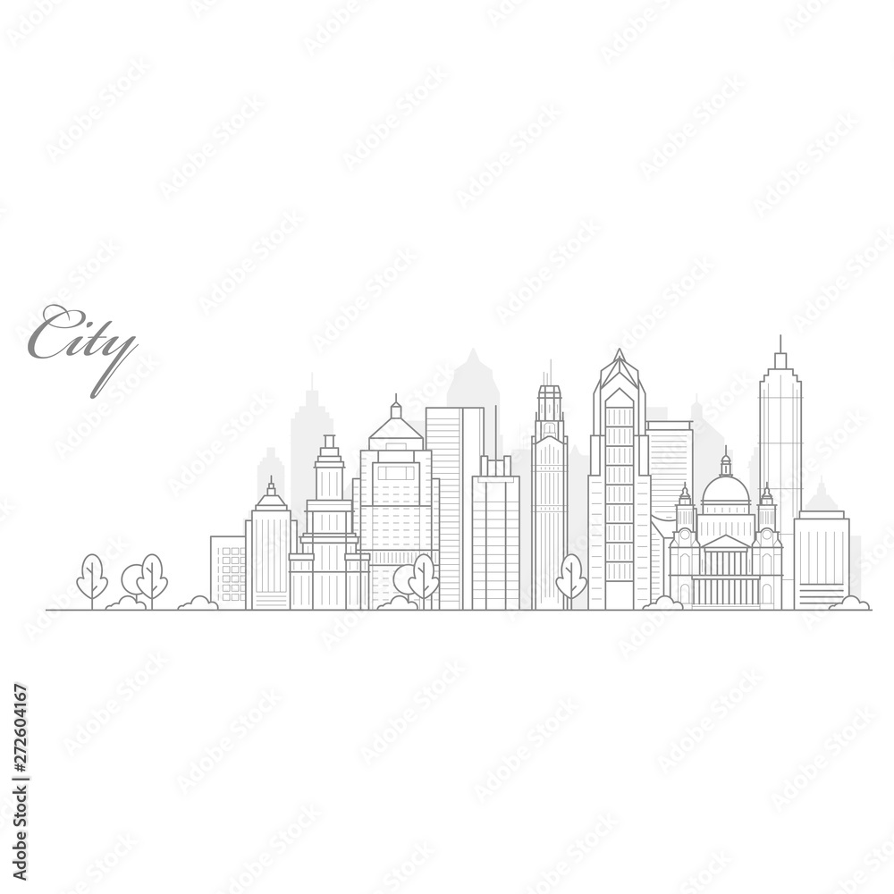 City landscape template, thin line cityscape, view of downtown with skyscrapers - urban panorama of megalopolis