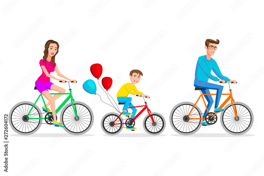 Vector illustration of family ride the bike. Healthy leisure and freedom riding bike. Man, woman and boy pedaling on summer time vacation. Vector illustration of family ride the bike. Healthy leisure and freedom riding bike. Man, woman and boy pedaling on summer time vacation.