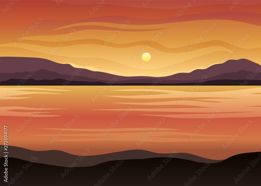 Orange sea at sunset. Vector illustration on white background.