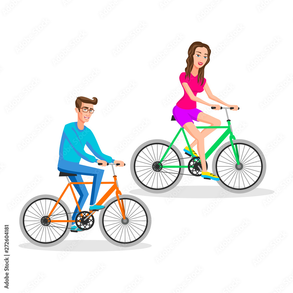 hipsters Woman And Man Riding Bicycle, Bicyclist, Healthy, Vehicle, Sport, Lifestyle. Vector illustration of a flat design