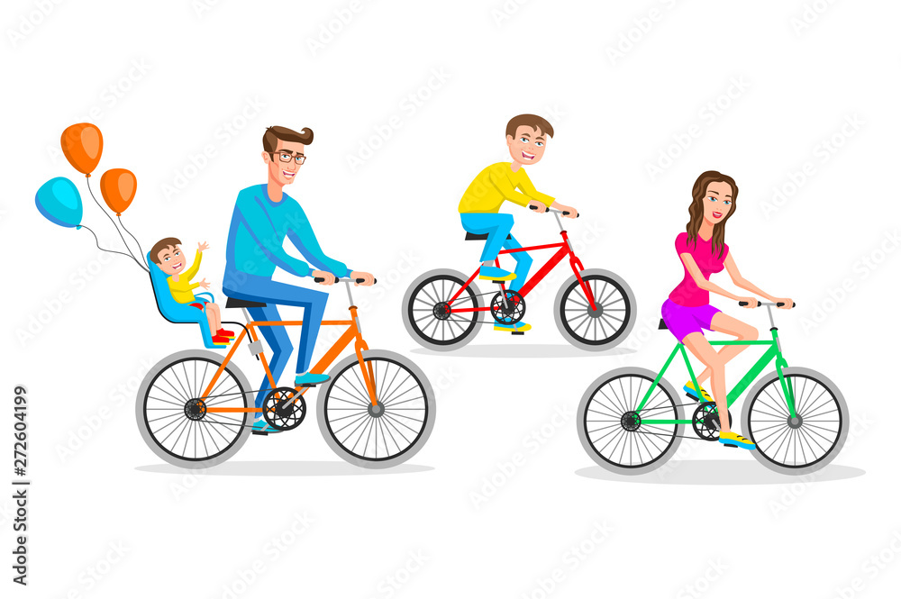 hipsters Big family rides bicycles together isolated cartoon illustration. Vector illustration of a flat design hipsters Big family rides bicycles together isolated cartoon illustration. Vector illustration of a flat design