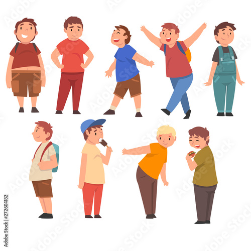 Fat Boys Set, Cute Cheerful Overweight Children Characters Vector Illustration