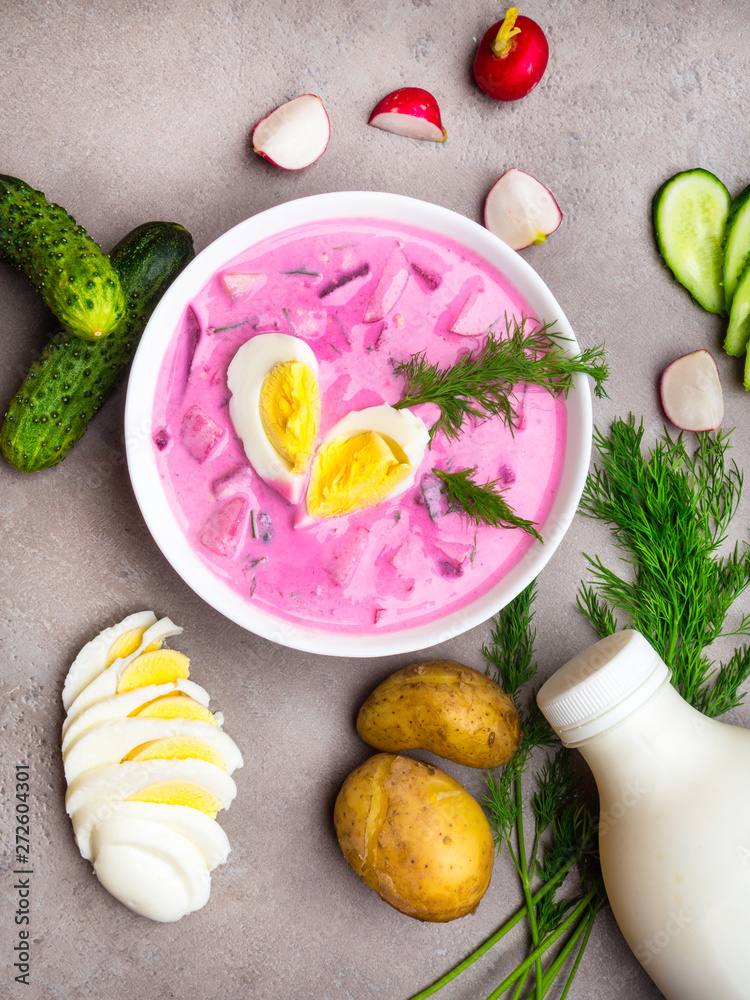 Cold yogurt soup with beets, cucumbers, dill, potatoes Cold yogurt soup with beets, cucumbers, dill, potatoes