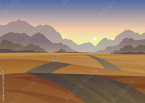 Road among the hills in the desert. Vector illustration on white background.