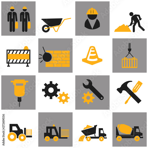 vector flat construction icon set on colorful background