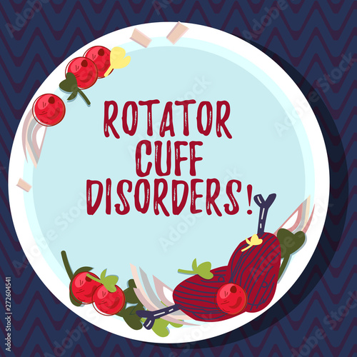 Text sign showing Rotator Cuff Disorders. Conceptual photo tissues in the shoulder get irritated or damaged Hand Drawn Lamb Chops Herb Spice Cherry Tomatoes on Blank Color Plate photo