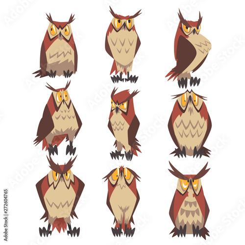 Collection of Great Horned Owls Birds Characters, Eurasian Eagle Owls Vector Illustration