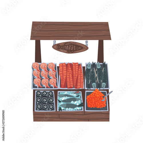 Market Wooden Counter with Fresh Fish, Street Shop Showcase Vector Illustration