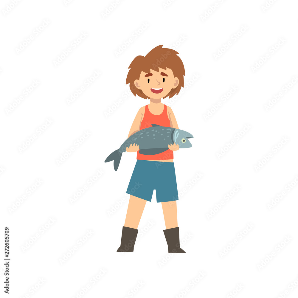 Cute Boy Holding Caught Fish, Little Fisherman Cartoon Character Vector Illustration Cute Boy Holding Caught Fish, Little Fisherman Cartoon Character Vector Illustration