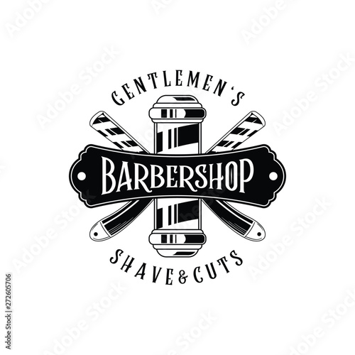 Barber shop vector vintage label, badge, or emblem on white background. Vector template