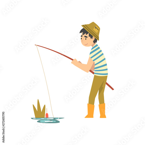 Cute Boy Fishing with Fishing Rod, Little Fishman Cartoon Character in Rubber Boots Vector Illustration