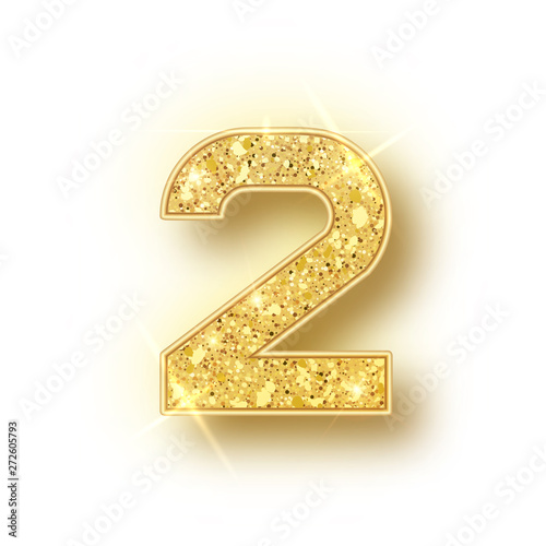 Gold glitter alphabet numbers 2 with shadow. Vector realistick shining golden font number two of sparkles on white background. For decoration of cute wedding, anniversary, party, label, headline photo