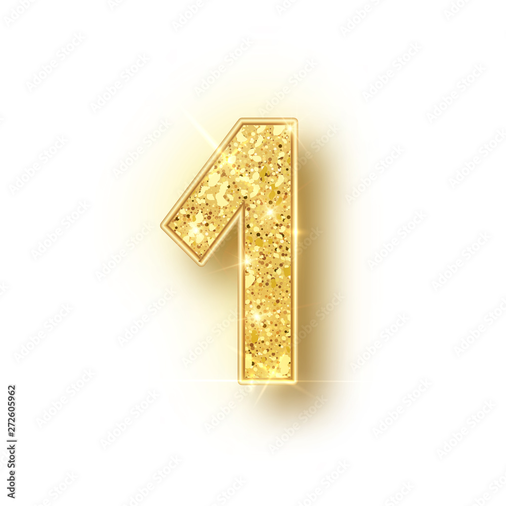 Gold glitter alphabet numbers 1 with shadow. Vector realistick shining