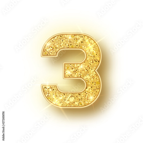 Gold glitter alphabet numbers 3 with shadow. Vector realistick shining golden font number three of sparkles on white background. For decoration of cute wedding, anniversary, party, label, headline