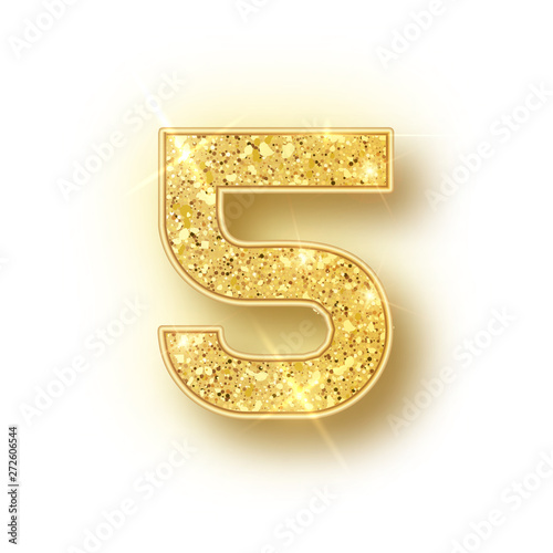 Gold glitter alphabet numbers 5 with shadow. Vector realistick shining golden font number five of sparkles on white background. For decoration of cute wedding, anniversary, party, label, headline