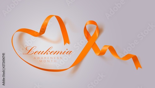 Leukemia Awareness Calligraphy Poster Design. Realistic Orange Ribbon. September is Cancer Awareness Month. Vector