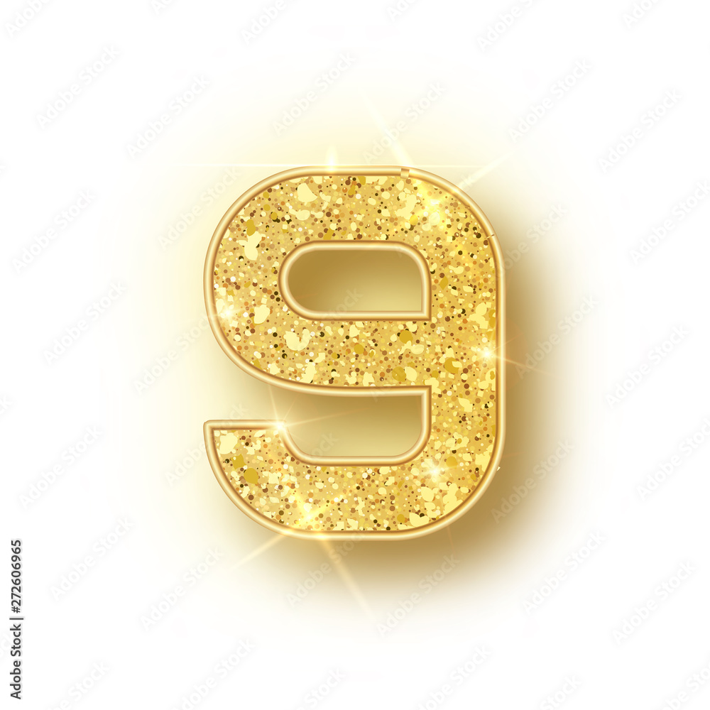 Gold glitter alphabet numbers 9 with shadow. Vector realistick shining golden font number nine of sparkles on white background. For decoration of cute wedding, anniversary, party, label, headline Gold glitter alphabet numbers 9 with shadow. Vector realistick shining golden font number nine of sparkles on white background. For decoration of cute wedding, anniversary, party, label, headline