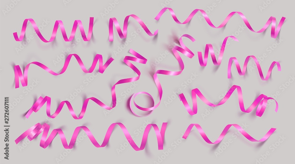 Set of realistic pink ribbons on grey background. Vector illustration. Can be used for greeting card, holidays, banners, gifts and etc. Set of realistic pink ribbons on grey background. Vector illustration. Can be used for greeting card, holidays, banners, gifts and etc.