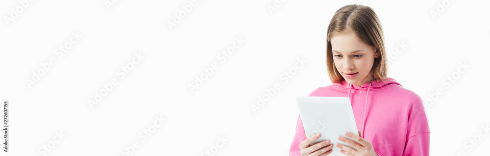 panoramic shot of teenage girl holding digital tablet isolated on white panoramic shot of teenage girl holding digital tablet isolated on white