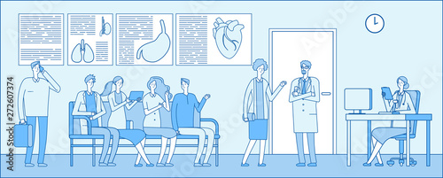 Doctor waiting room. Doctor waiting room. People patient hospital queue doctors clinic interior. Medical professionals vector concept. Illustration of medical interior, hospital queue, medicine clinic