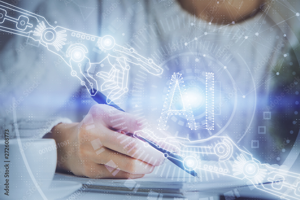 Multi exposure of writing hands on background with data solution hologram. Technology concept. Multi exposure of writing hands on background with data solution hologram. Technology concept.