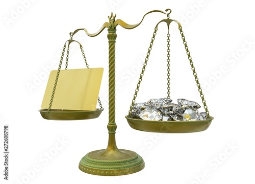 Antique gold brass balance scales isolated on white background. 3D Illustration photo