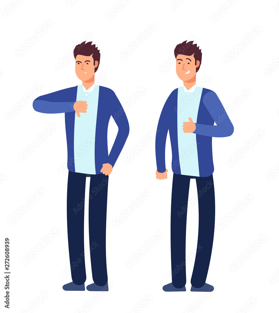 Like dislike man. Happy, angry businessman with good bad approvals gesture social media and business decision choice vector concept. Illustration of positive gesture and negative dislike symbol Like dislike man. Happy, angry businessman with good bad approvals gesture social media and business decision choice vector concept. Illustration of positive gesture and negative dislike symbol
